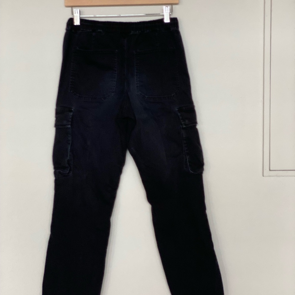 Men’s Hot Topic Cargo Drawsting pants. Black Denim slightly distressed.  Sz. S